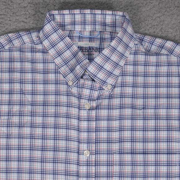 Jos A Bank Traveler Motion Shirt Men Large Tailored Blue Plaid Long Sleeve Nylon - Picture 1 of 15